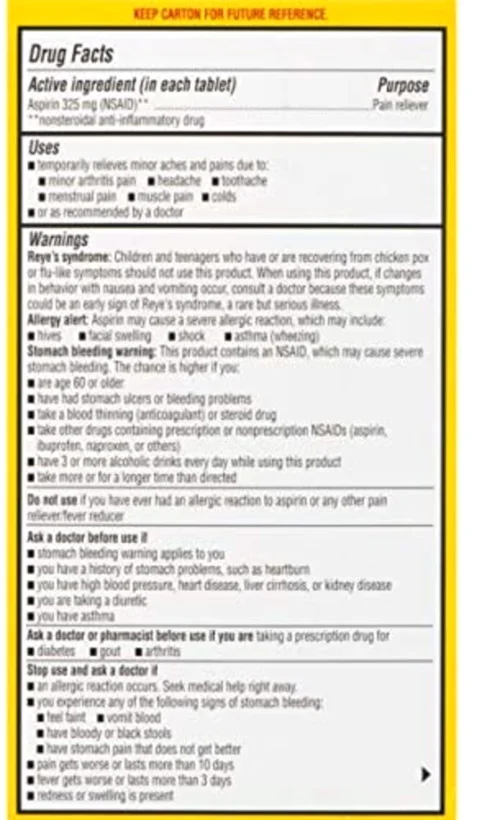 Regular Strength 325 mg, 300 tablets, the Drug Facts panel and pack views