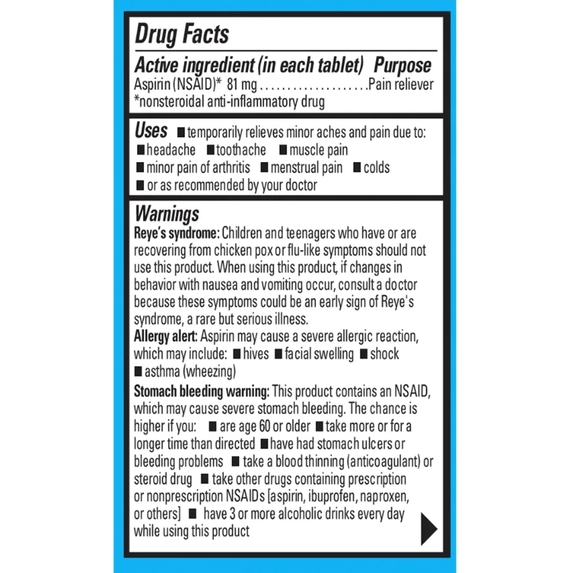 Low Strength 81 mg, 45 tablets, pack of 6, the Drug Facts panel and pack views