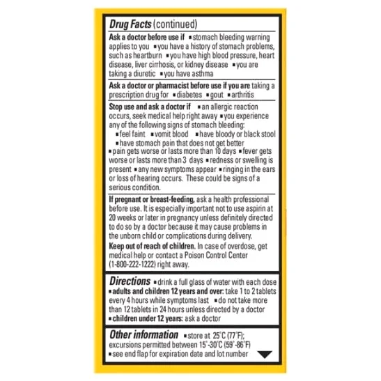 Regular Strength 325 mg, 125 tablets, pack of 4, the Drug Facts panel and pack views