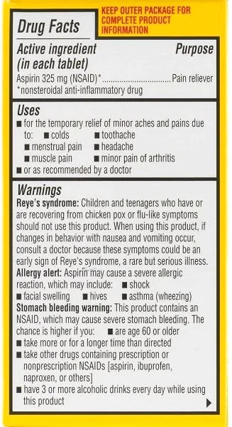 Regular Strength 325 mg, 125 tablets, pack of 3, the Drug Facts panel and pack views